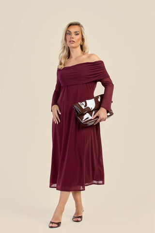 Curve Gathered Neck Long Sleeve Midi Dress