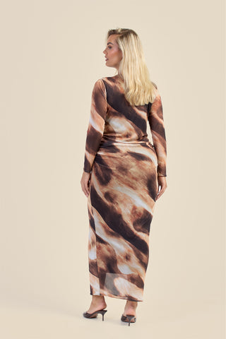 Curve long sleeve mesh abstract print midaxi print