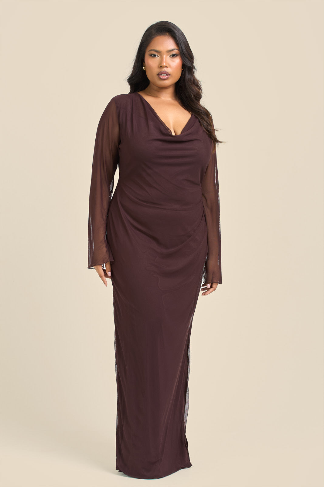 Plus Size Brown Cowl Neck Long Sleeve Mesh Maxi Dress – Fashion//SZN