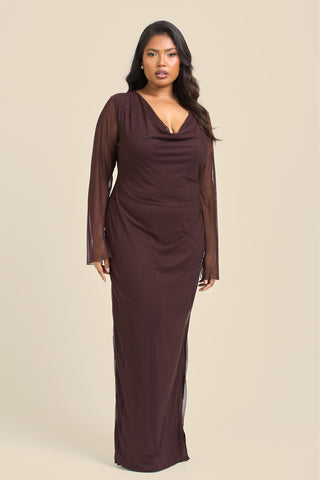 Curve Cowl Neck Long Sleeve Mesh Maxi Dress