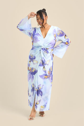 Curve Floral Lily Print Twist Front Mesh Flare Sleeve Midi Dress