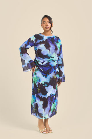 Curve Flare Sleeve Round Neck Printed Mesh Dress