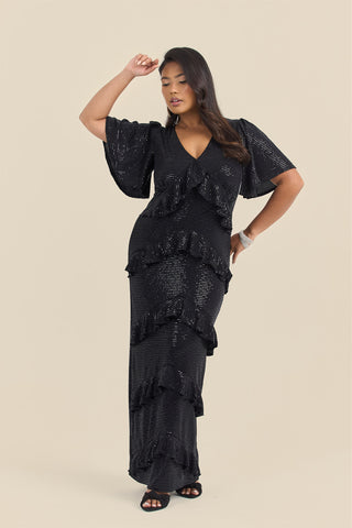 Curve All over Stretch Sequin Ruffle Maxi Dress