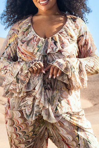 Curve Swirl Print Ruffle Resort Top