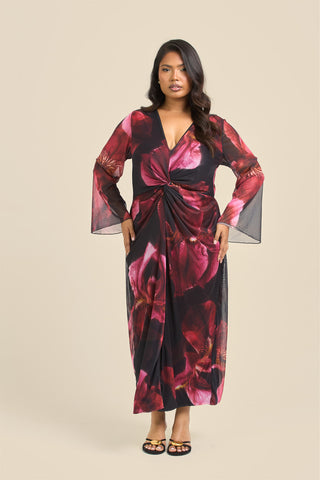 Curve Twist front large floral burgundy mesh midi dress