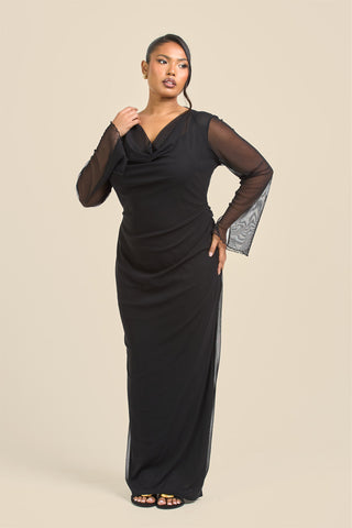 Curve Cowl Neck Long Sleeve Mesh Maxi Dress