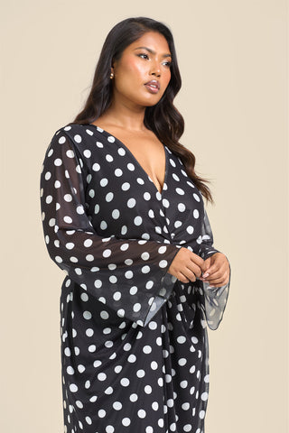 Curve Twist Front Polka Dot Mesh Midi Dress