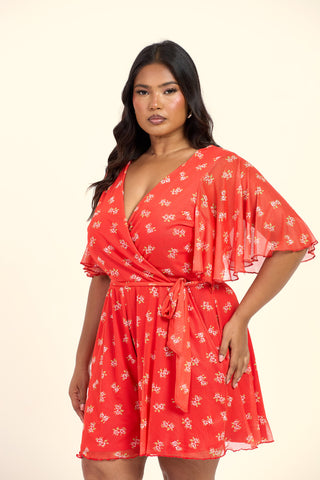 Curve Wrap Front Ditsy Floral Belted Playsuit