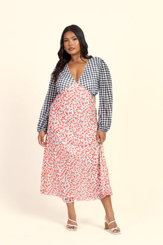 Curve Floral And Gingham Balloon Sleeve Midi Dress