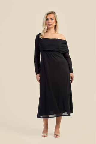 Curve Gathered Neck Long Sleeve Midi Dress
