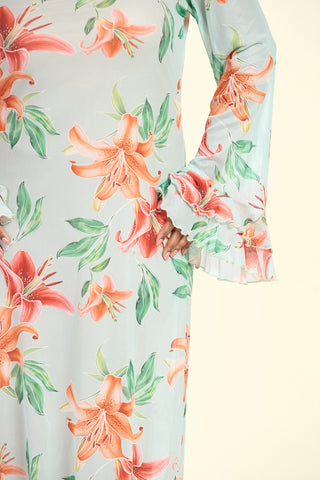 Curve Lily Print Long Sleeve Ruffle Swing Maxi Dress