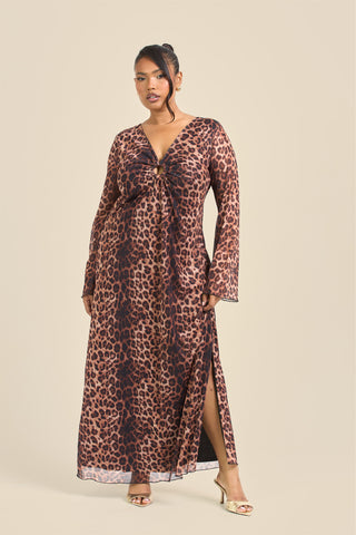 Curve Leopard Print Trim Detail Flare Sleeve Midi Dress