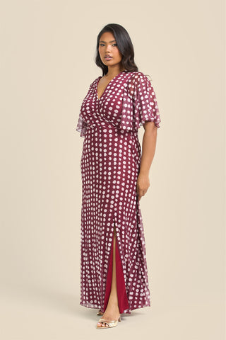 Curve Angel Sleeve Wrap Front Polka Dot Maxi Dress