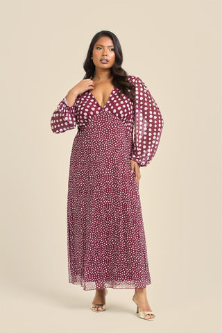 Curve Balloon Sleeve Mixed Polka Dot Midi Dress