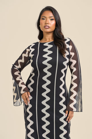 Curve mono print mesh flare sleeve maxi dress