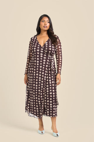 Curve Chocolate Polka Dot Wrap Over Tie Side Midaxi Dress