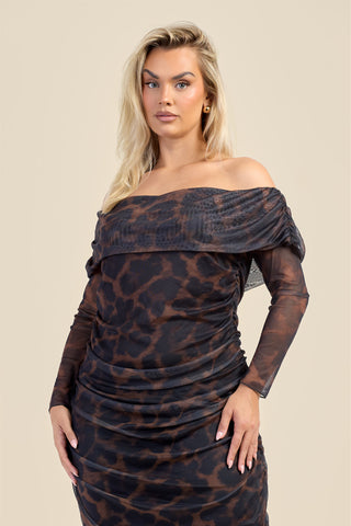Curve Bardot Leopard Print Ruched Midaxi Dress