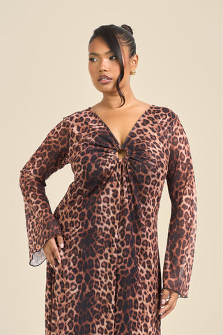 Curve Leopard Print Trim Detail Flare Sleeve Midi Dress