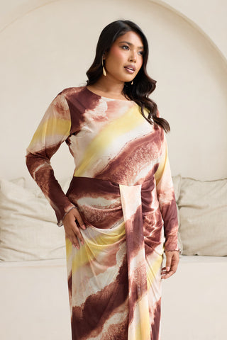 Curve Abstract Print Draped Front Long Sleeve Midi Dress