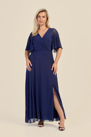 Curve Wrap Front Angel Sleeve Mesh Maxi Dress