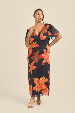 Curve Flutter Sleeve Bold Floral Midi Dress