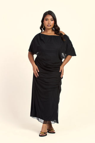 Curve Drop Shoulder Ruched Mesh Black Midaxi Dress