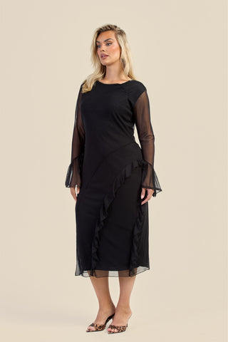 Curve Mesh Ruffle Sleeve Midi Dress
