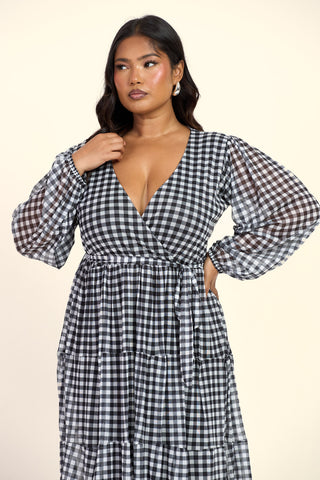 Curve Gingham Print Wrap Tie Belt Tiered Maxi Dress