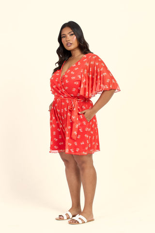 Curve Wrap Front Ditsy Floral Belted Playsuit