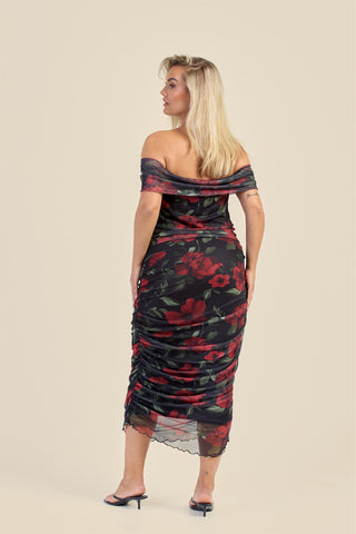 Curve bardot mesh rose print midi dress