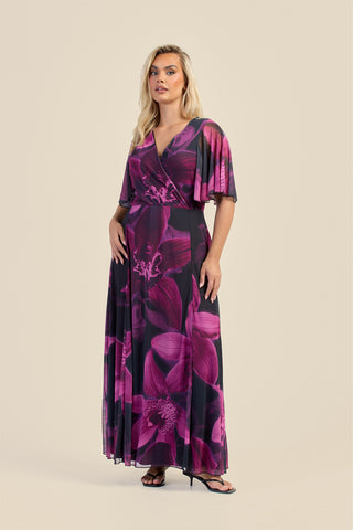 Curve Dark Purple Floral Wrap Front Angel Sleeve Maxi Dress