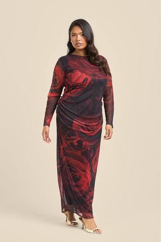 Curve rose print ruched midaxi dress