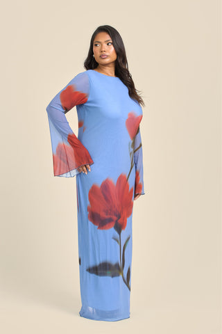 Curve Statement Floral Long Sleeve Mesh Maxi Dress