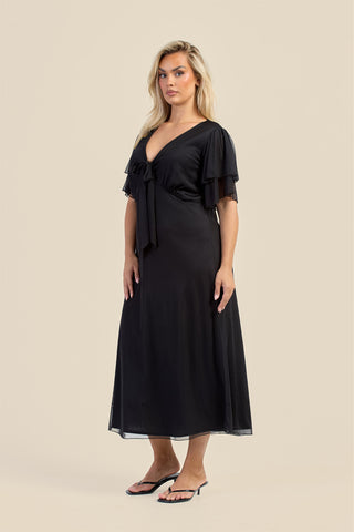 Curve Flutter Sleeve Black Mesh Tie Front Midi Dress