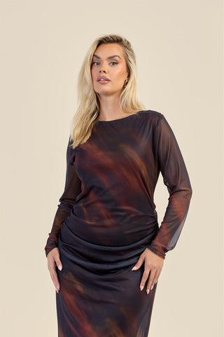 Curve Ombre Stripe Ruched Mesh Midaxi Dress