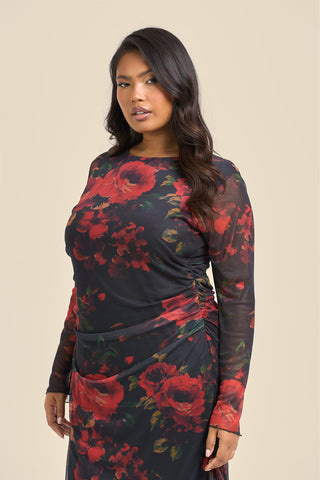 Curve Rose Print Ruffle Hem Mesh Midi Dress