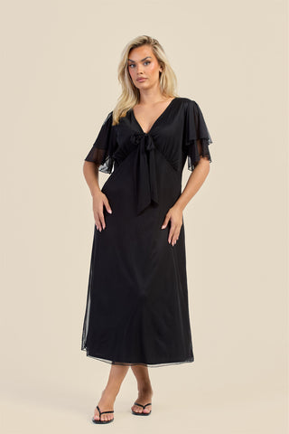 Curve Flutter Sleeve Black Mesh Tie Front Midi Dress