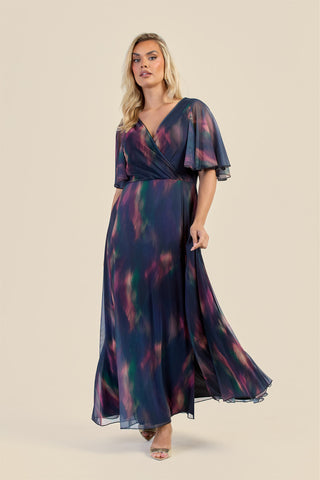 Curve Dark Water Colour Wrap Front Angel Sleeve Maxi Dress