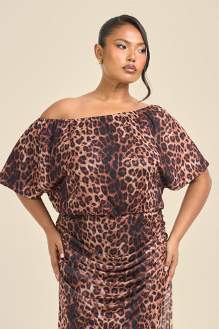Curve Leopard Print Drop Shoulder Mesh Midi Dress
