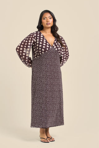 Curve Chocolate Polka Dot Balloon Sleeve Mesh Midi Dress