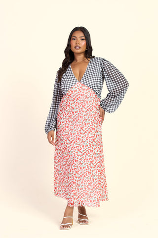 Curve Floral And Gingham Balloon Sleeve Midi Dress