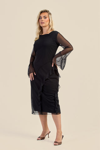 Curve Mesh Ruffle Sleeve Midi Dress