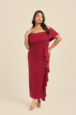 Curve Bardot Frill Scuba Midi Dress