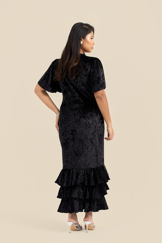 Curve Statement Flutter sleeve velvet ruffle hem maxi dress