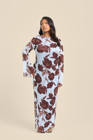 Curve Flare Sleeve Floral Print Mesh Maxi Dress