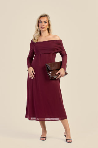 Curve Gathered Neck Long Sleeve Midi Dress