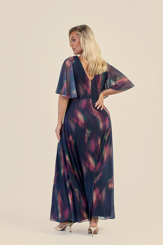 Curve Dark Water Colour Wrap Front Angel Sleeve Maxi Dress