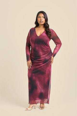 Curve plunge neck burgundy ruched mesh midaxi dress