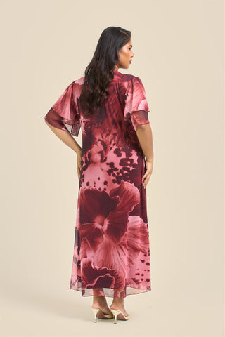 Curve Bold Pansy Print Flutter Sleeve Tie Front Midi Dress