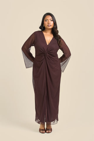 Curve Twist Front Plain Mesh Midaxi Dress